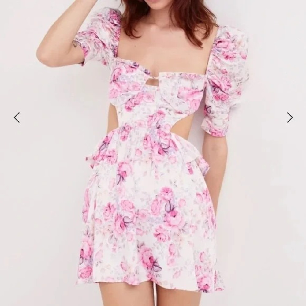 Free People For Love & Lemons Lucia Pink Rose Romantic Cutouts Mini Dress LARGE